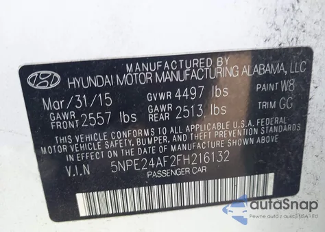 2015 Hyundai Sonata Se z USA, uszkodzony, nr VIN 5NPE24AF2FH216132